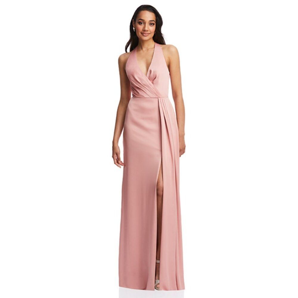 Dessy Long Blush Satin Formal Bridesmaid Dress V neck Slit High Back